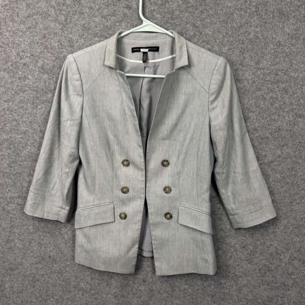 White House‎ Black Market Gray Double Breasted 3/4 Sleeve Blazer Jacket Size 2